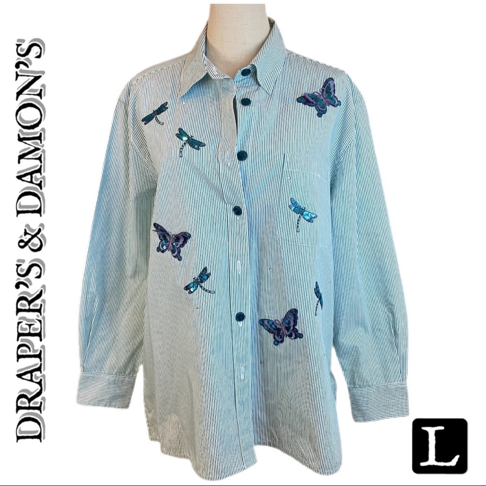 Draper’s & Damon’s Sequin Butterfly Button Down Shirt L